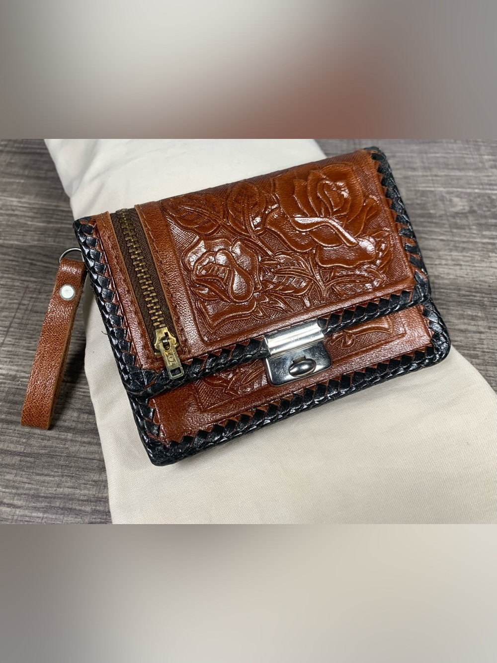 Mexican Tooled Leather Trifold Wallet Brown Floral Roses